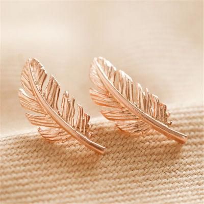 Rose Gold Cute Unique Lucky Little Trendy Feather Stud Earrings for Party or Gift