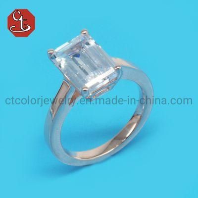 Classic Engagement Ring with Rectangle CZ Prong Setting Female Jewelry Silver Rings