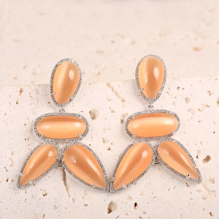 Fashion Accessories Four Big Cat′s Eye Stone 925 Silver Fashion Jewelry Factory Wholesale New Style Trendy Women 2022 Fine Earrings