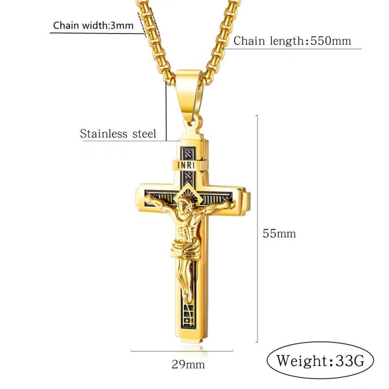 Crucifix Cross with Gold Plated Stainless Steel Chain Pendant Necklace for Men 18K