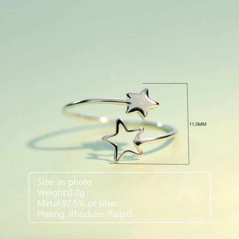 925 Sterling Real Silver Fashion Women 2 Star Rings Size 5 6 7 Wonderful Gift for Girls Teens Lady′s