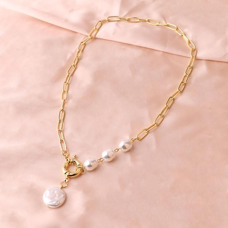 Popular Custom 18K PVD Gold Plated Stainless Steel Chain Irregular Baroque Freshwater Pearl Pendant Necklace Jewelry