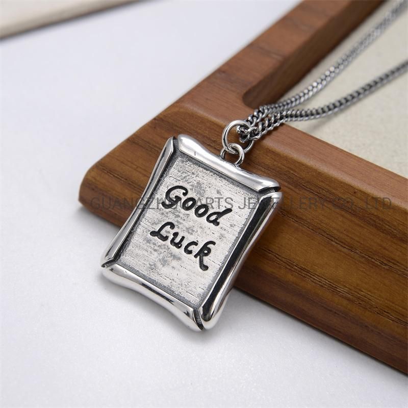 925 Sterling Silver Carved Good Luck Geometric Pendant Hip Hop Necklace