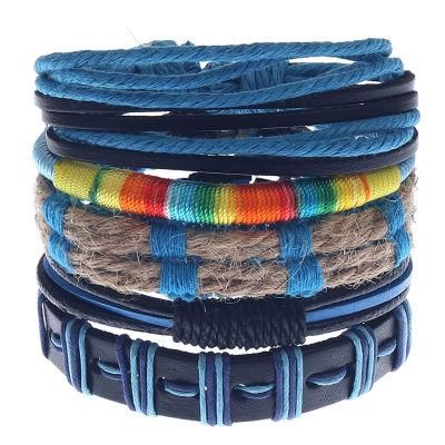 Europe and America Simple Retro Set Bracelet DIY Woven Cowhide Bracelet Punk Bracelet Men&prime;s Hemp Rope Leather Bracelet