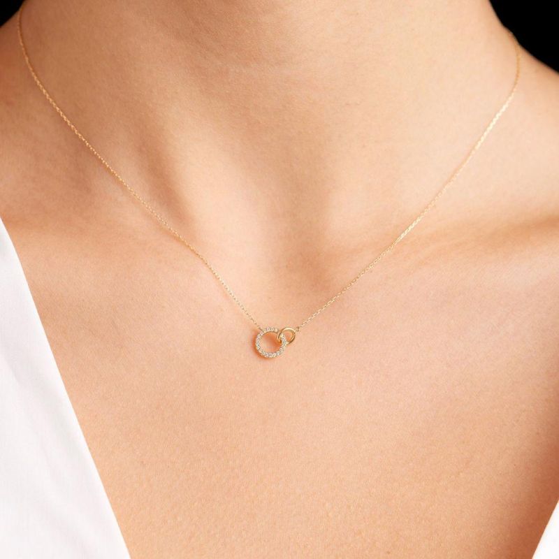 2022 Hot Style OEM ODM Fashion Jewelry 925 Sterling Silver Ladies 18K Gold Plated CZ Double Circle Interlocking Pendant Necklace