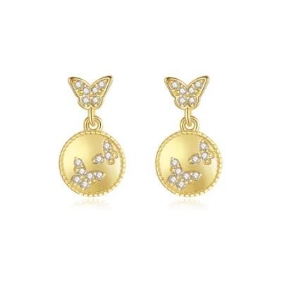 Design Gold Plated Shining Butterfly CZ S925 Silver Stud Earrings