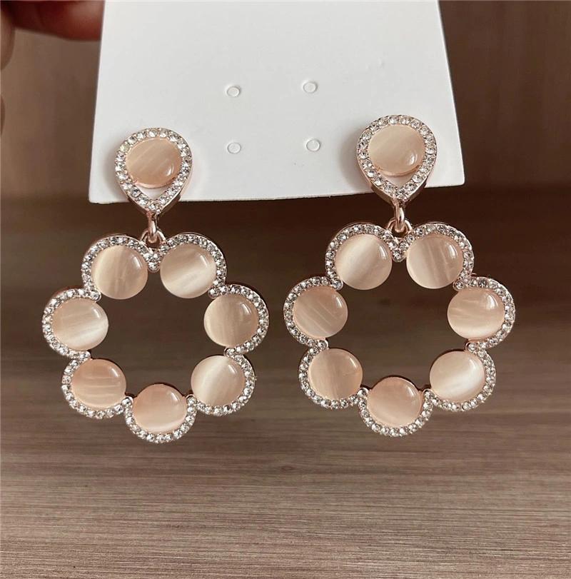 Manufacture Custom New Design Rose Gold Plated Elegant Teardrop Stud Flower Shape Pendant Statement Cateye Drop Women Earrings