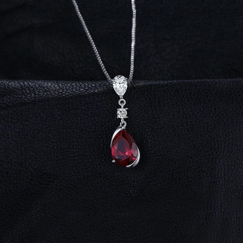 925 Sterling Silver Jewelry Pear Red Created Ruby Drop Pendant for Women Wholesale