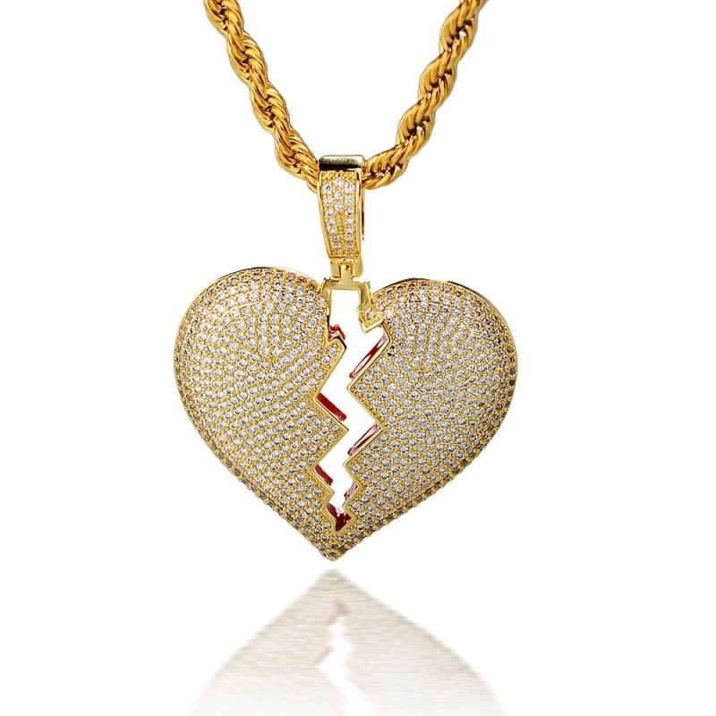 Broken Heart Solid Pendant for Men and Women Full of Zircon Hip Hop Necklace