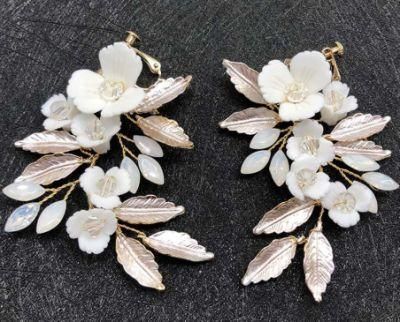 Wedding Bridal Ceramic Leaf Flower Earrings. Silver Crystal Earrings