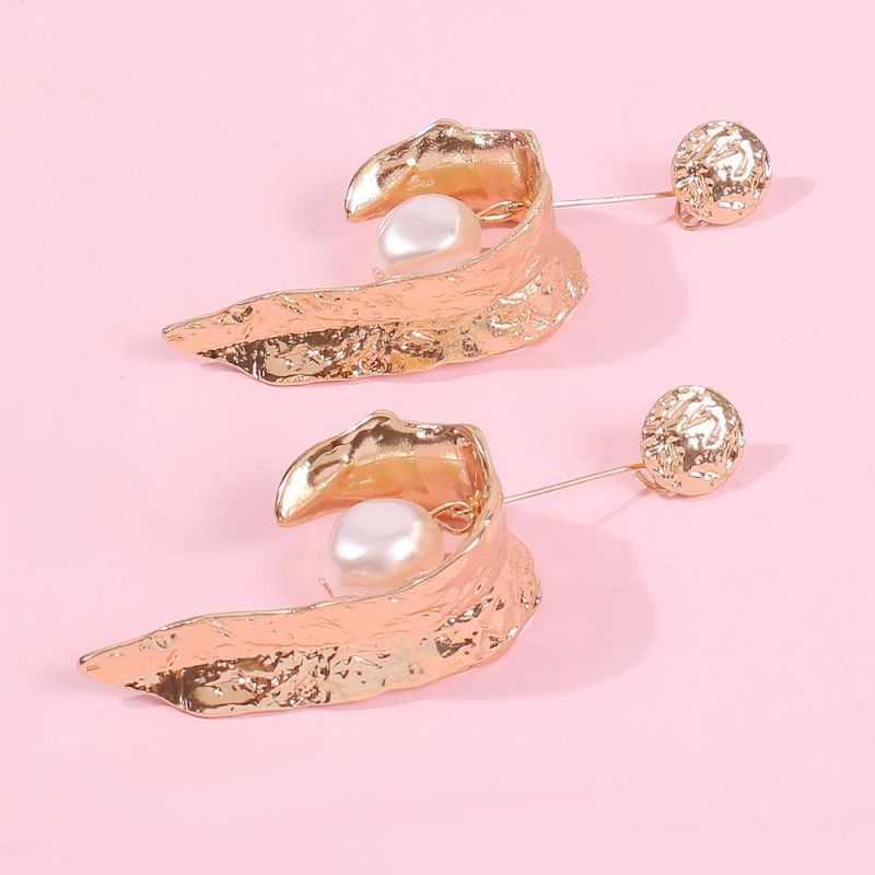 Gold Plated Geometric C Shape Alloy Earrings with Pearls Charm