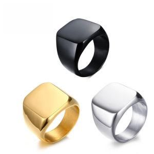 Fashion Simple Stainless Steel Punk Style Black Smooth Square Classic Ring Without Stone
