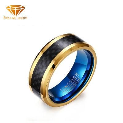 Jewelry Wholesale 8mm Tungsten Carbon Fiber Ring IP Gold Blue Fashion Ring Tst048