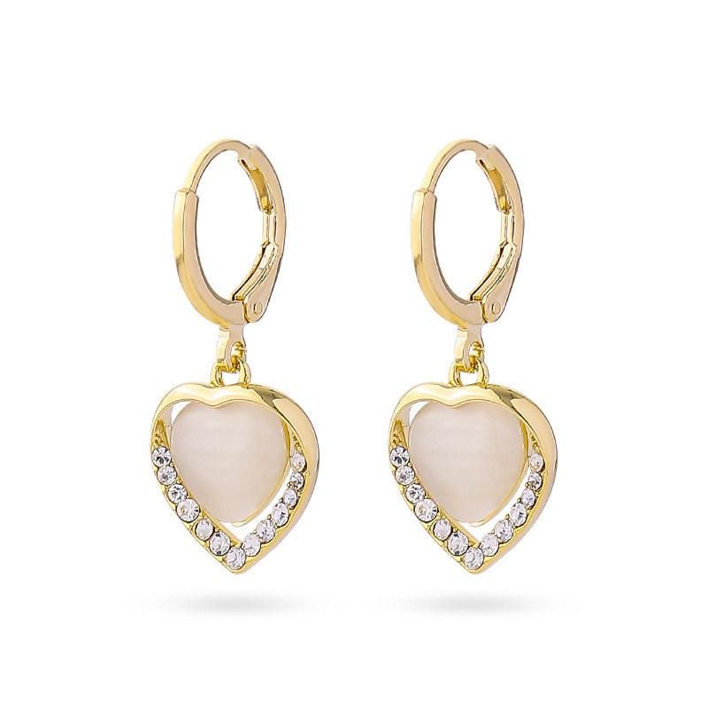 2022 New Trendy 18K Gold Plated Pave Crstal Heart Drop Huggie Earrings Pink Glass Cat Eye Women Accessories