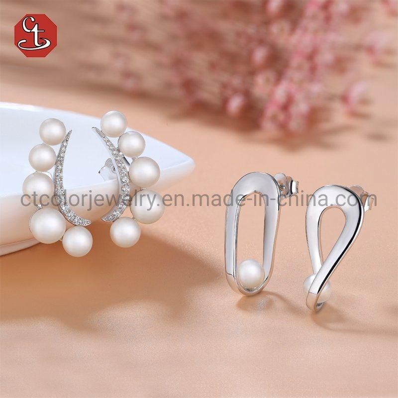 925 Sterling Silver Fashion Jewelry AAA CZ White Pearl Stud Earrings