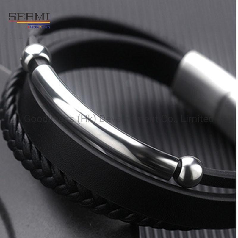 Fashion Stainless Steel Luxury Brand Gold Bangle Mens Leather Bracelet