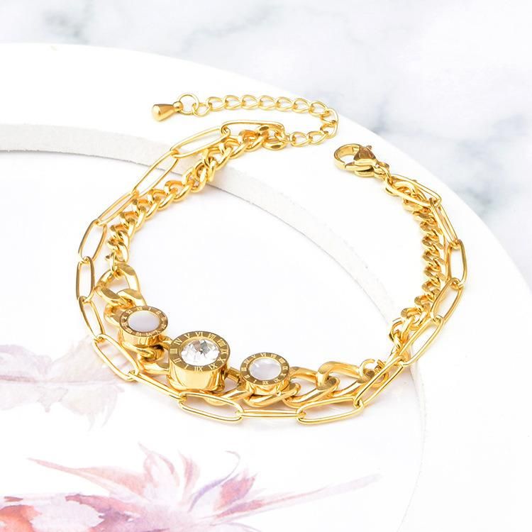 Factory Wholesale Fashion Jewelry Ins New Fashion Versatile European and American Stainless Steel Gold-Plated Double-Layer Bracelet