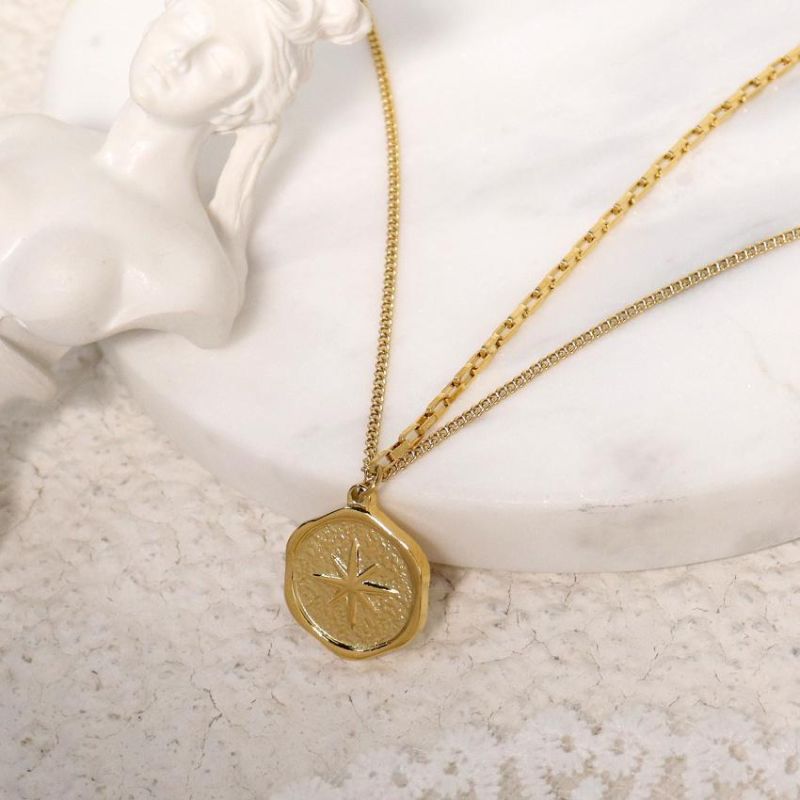 18K Gold Plated Moon Star Pendant Double Necklace Stainless Steel Necklace Jewelry