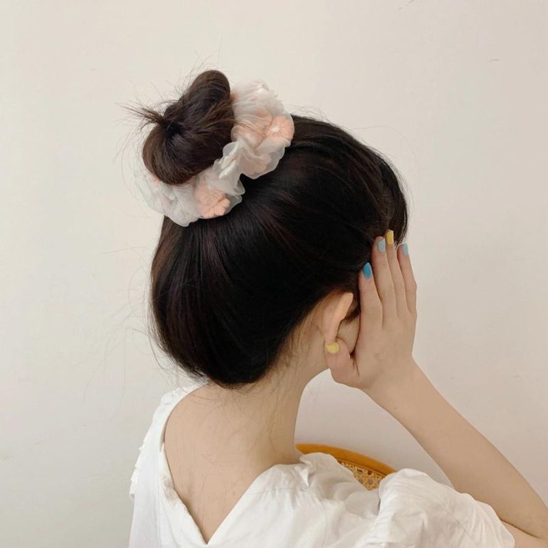 Fashion Hair Accessories Embroidered Floral Hair Rings Organza Hair Rope