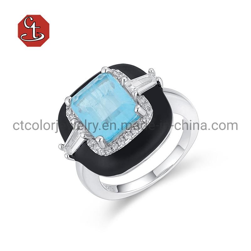 Fashion Jewelry  Design 925 Silver Colored Square Stone Enamel Jewelry Ring