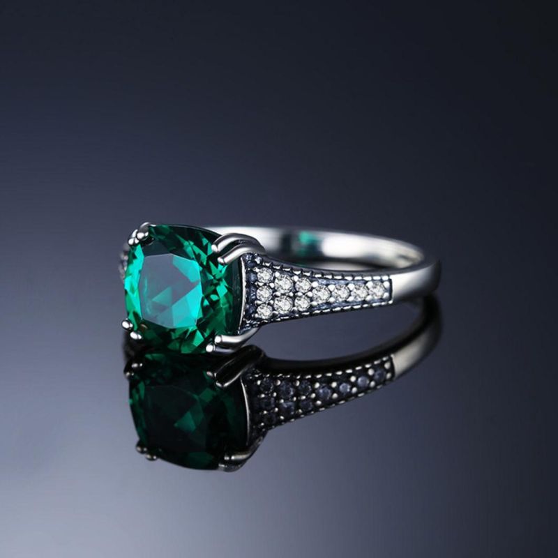 Vintage Cushion Nano Russian Simulated Created Emerald Ring 925 Sterling Silver Jewelry