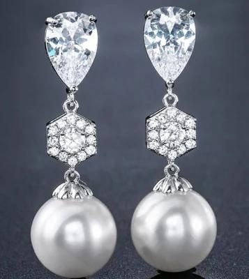 Bridal Wedding Pearl CZ Earring for Brides. Pearl Earring Jewelry, Fashion CZ Earring
