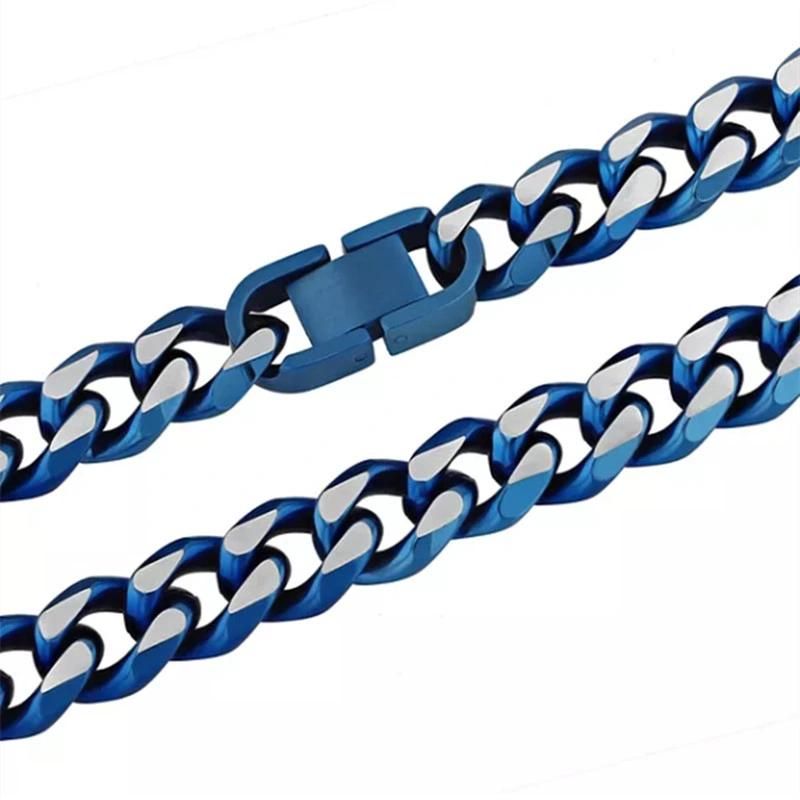 Custom Fashion Jewelry Thick Blue Color Plated Faceted Cuban Chain Necklace in Stock 24inch