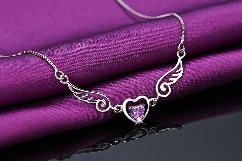 Fashion Wings Women Love Heart Zircon Sweater Pendant Necklace