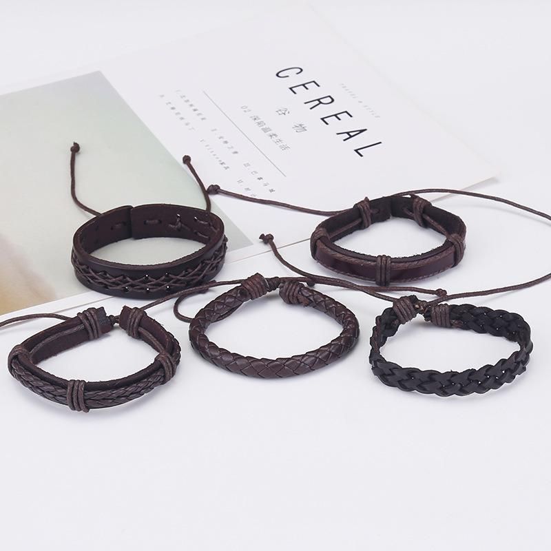 Adjustable Leather Braided Bracelets for Men Women Wrap Wood Beads Bracelet Woven Ethnic Tribal Rope Wristbands Bracelets 5 Pieces Set