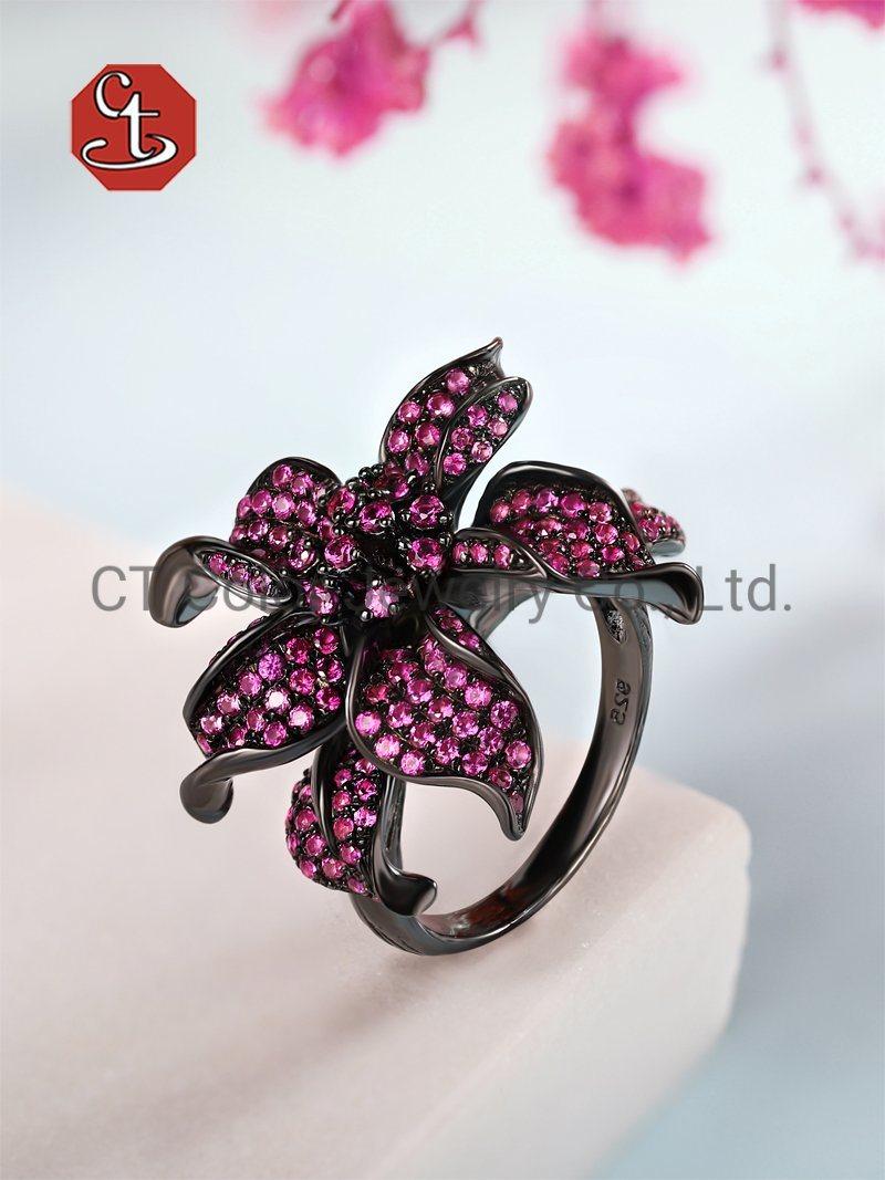 Fashion Black Ring Pink Flower design Silver Ring 925 Silver Jewelry Diamond Ring