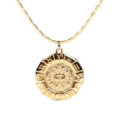 Personalized Custom Women Brass Engraved Sun Pendant Necklace with Zirconia Stones