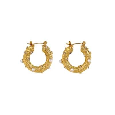 Exaggerated Circular Pearl Zircon Earrings 18K Gold Plated Jewelry Hoop Earrings