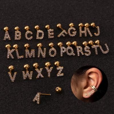 316L Surgical Steel Earrings Studs with Inlaid CZ Body Piercing Jewelry with Letters Pendant