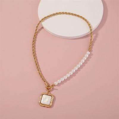 Manufacture New Design Big Square Statement Shell Pendant Baroque Pearl Mix Rope Chain T Bar O Bar Clasp Choker Necklace