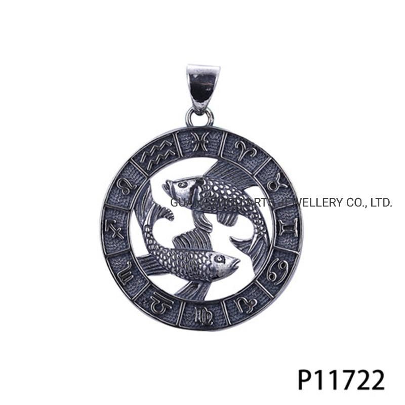 Symbols of Horoscope in a Antique Black Silver Pendant