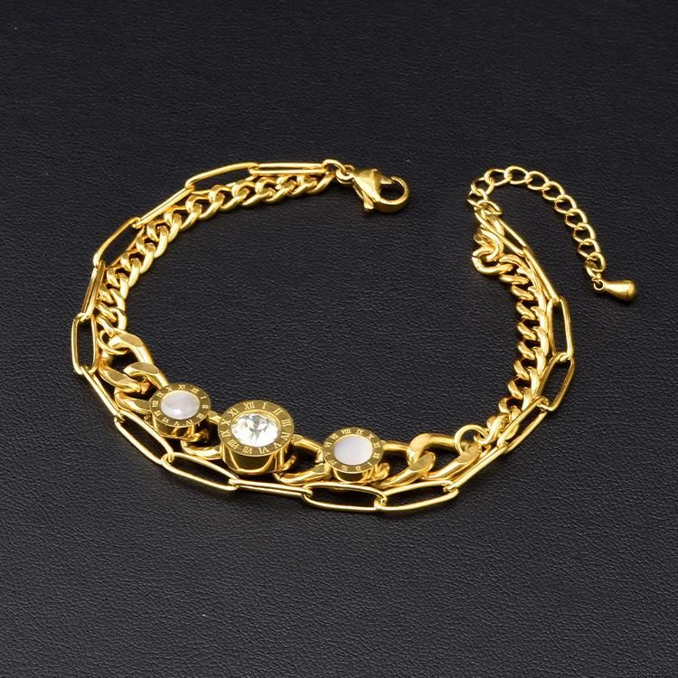 Factory Wholesale Fashion Jewelry Ins New Fashion Versatile European and American Stainless Steel Gold-Plated Double-Layer Bracelet
