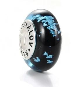 Silver Plated Blue Pattern Black Murano Glass Bead for European Bracelets Al01