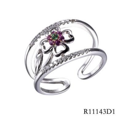 Lucky Four-Leaf Clover &#160; Silver with CZ Flower Open Ring