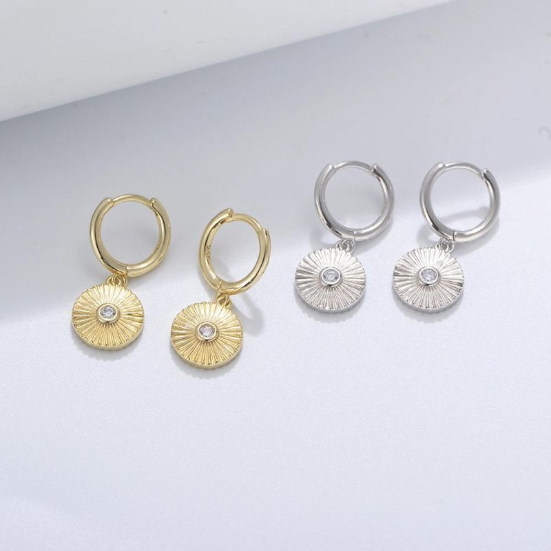 Wholesale Earrings Round Sun Pattern Huggie Shine White CZ Fashion Jewelry 14K Gold Colored