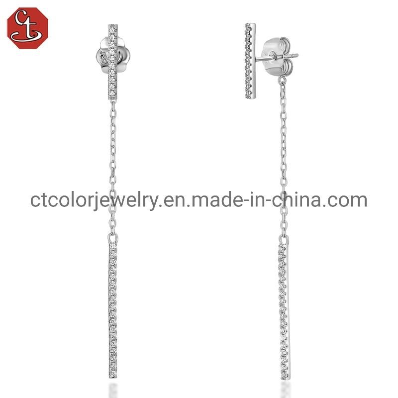 White CZ Tassel Long Drop Stud Earrings Wholesale Fashion jewelry for Women