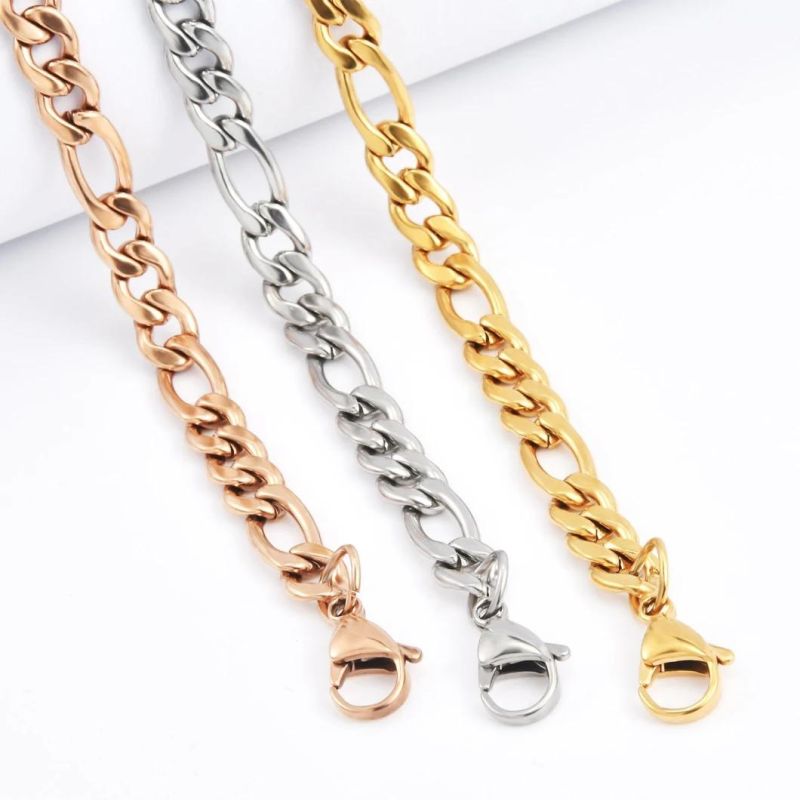 Wholesale Choker 18K Gold Plated Stainless Steel Figaro 3: 1 Long and Short Nk Chain Necklace for Men