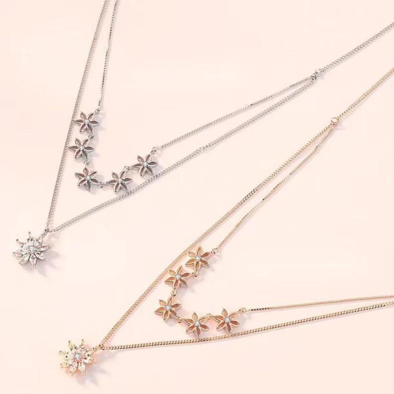 925 Silver Multi-Layered Flower Necklace CZ Pendant Jewelry, Double Layered Sakura Chain Necklace Jewelry for Women and Girls