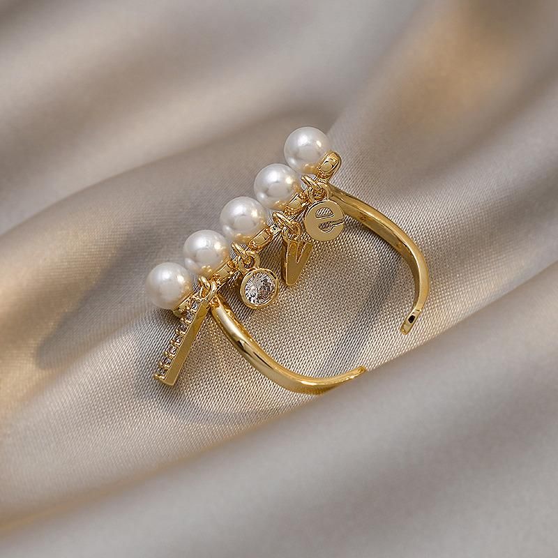 Love Brasss Plated Pearl Open Ring Letter Ring Jewelry