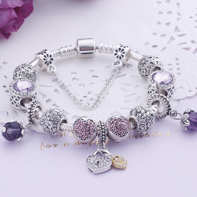 DIY Beads Crystal Charm Silver Bracelets & Bangles Jewelry Gift Women Bangle