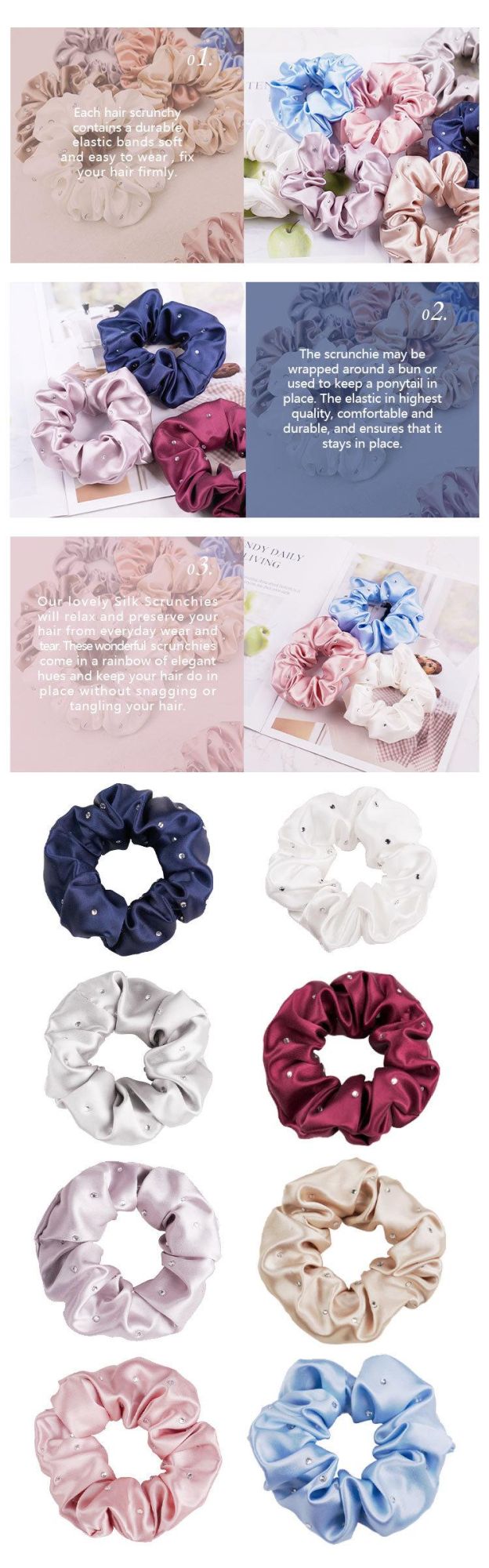 Silk Hair Accessories for Mulberry Scrunchies with Luxury Crystal
