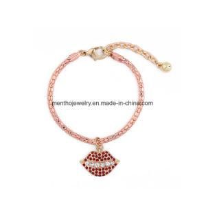 New Cheap Retro Crystal Studded Alloy Women&prime;s Cuff Bracelet Red Lips Design Pendant Jewelry