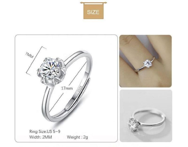 25 Sterling Silver Ring Six Claw Crystal Adjustable Ring Women Light Luxury Engagement Wedding Jewelry