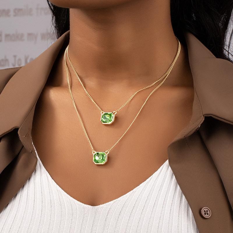 Manufacture Simple 2 Rows Emerald Square Glass Stone Pendant Necklace for Fashion Women Jewelry