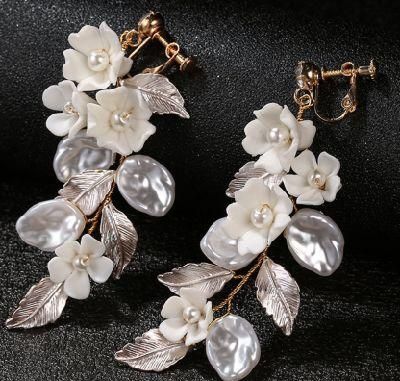 Bridal Ceramic Flower Pearl Elegant Earring Jewelry, Wedding Crystal Pearl Earring for Brides