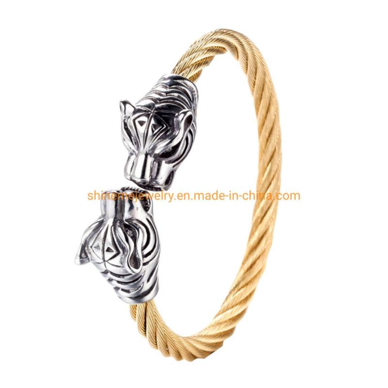 European and American Vintage Stainless Steel Cast Leopard Head Bracelet Men′s Stainless Steel Wire Rope Leopard Head Bracelet Ssbg2722